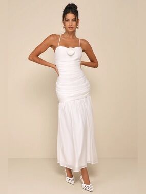 NWT Lulu’s Sz M White Rosette Ruched Bridal Wedding Gown Maxi Dress